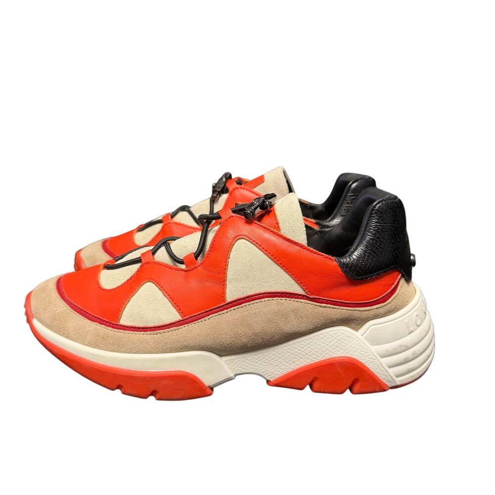 Longchamp Orange Red Tan Leather & Suede Sneakers - Picture 4 of 11